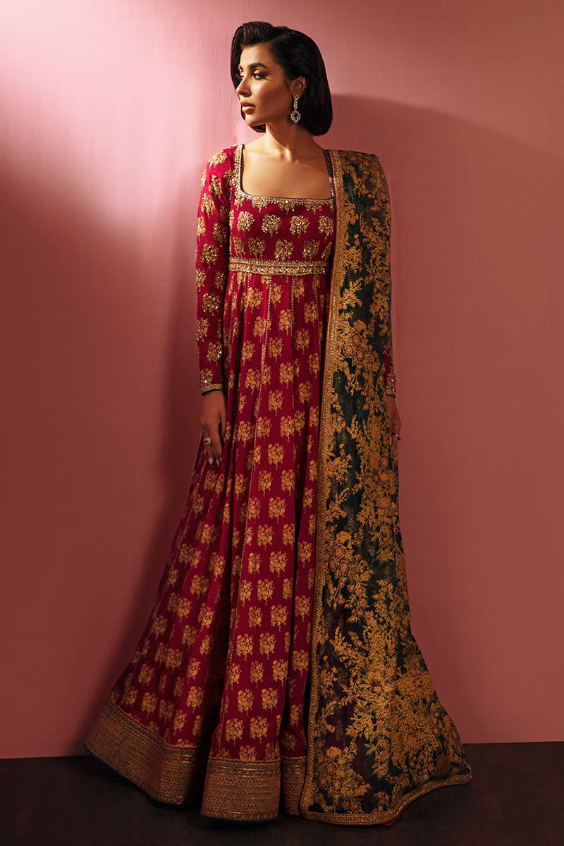 Fuchsia Pink Screen-Printed Raw Silk Pishwas (3-Piece) - Image 1