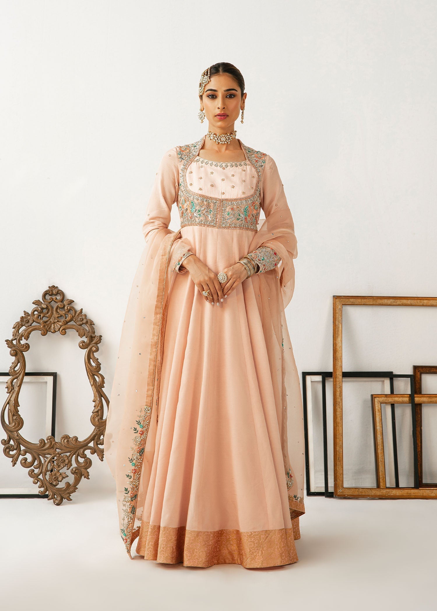 Pakistani Blush Pink Embroidered Raw Silk Pishwas (3-Piece) - Image 1