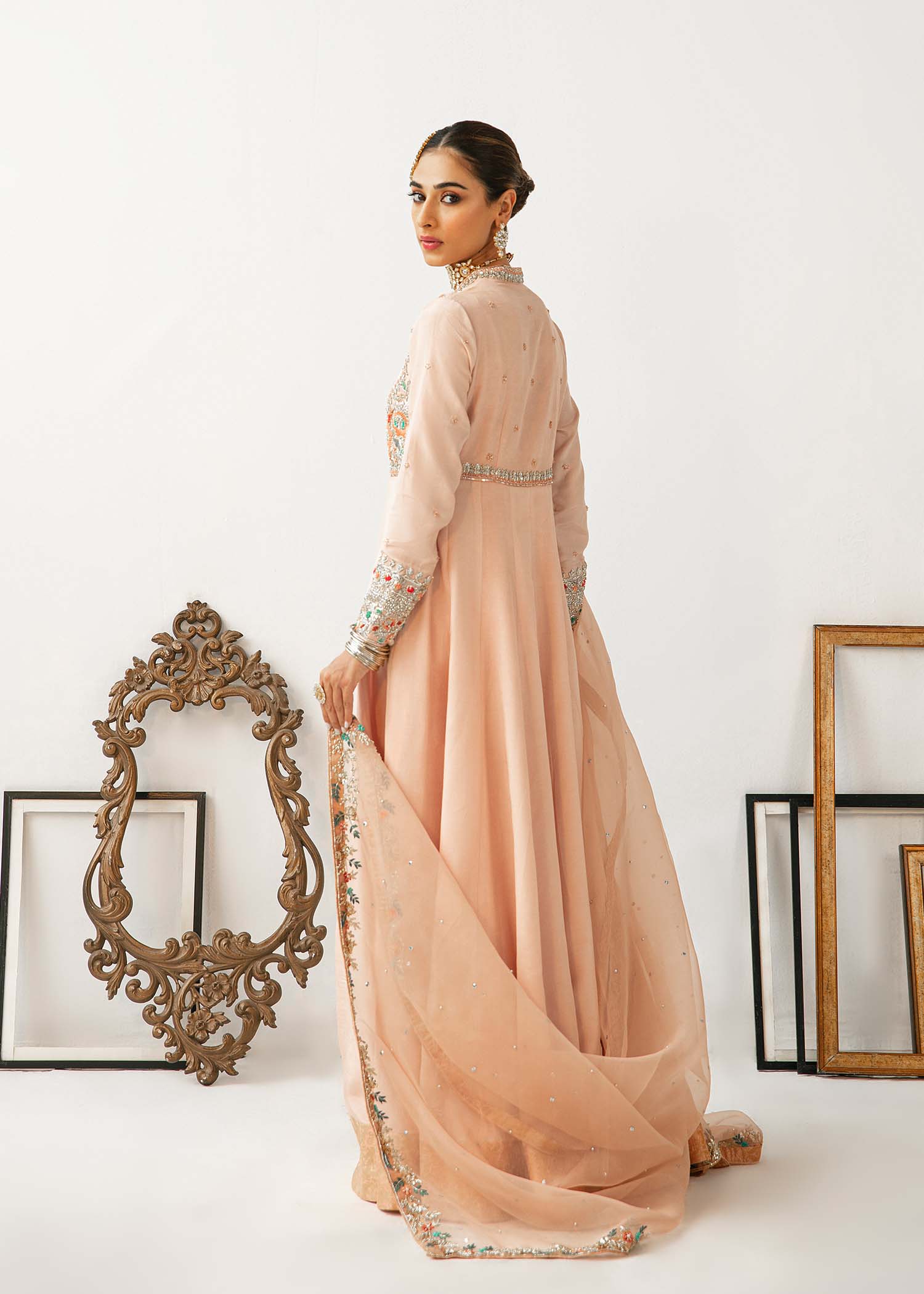 Pakistani Blush Pink Embroidered Raw Silk Pishwas (3-Piece) - Image 3