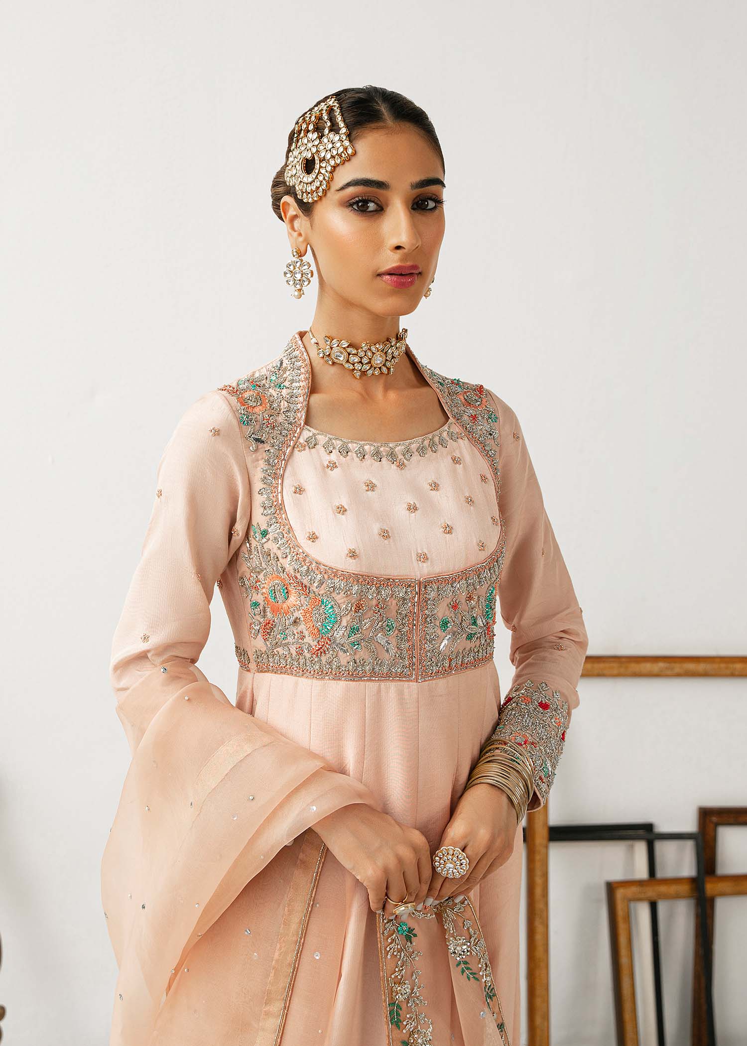 Pakistani Blush Pink Embroidered Raw Silk Pishwas (3-Piece) - Image 4