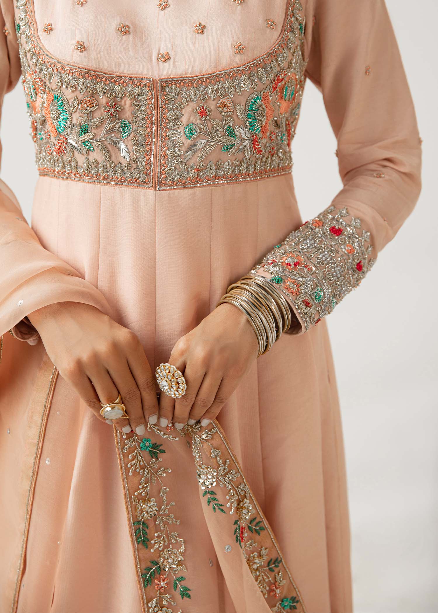 Pakistani Blush Pink Embroidered Raw Silk Pishwas (3-Piece) - Image 5