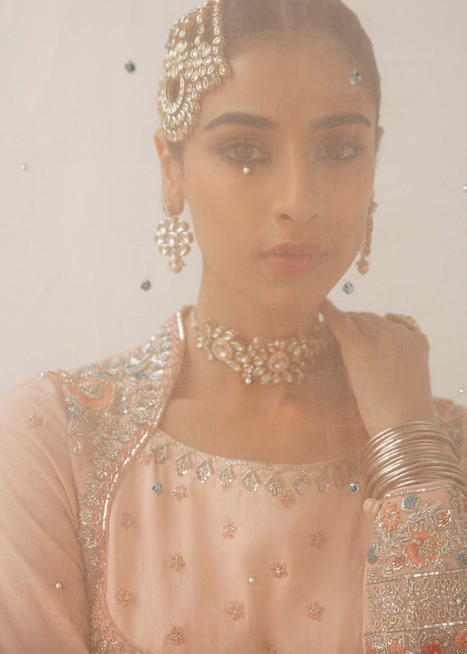 Pakistani Blush Pink Embroidered Raw Silk Pishwas (3-Piece) - Image 8