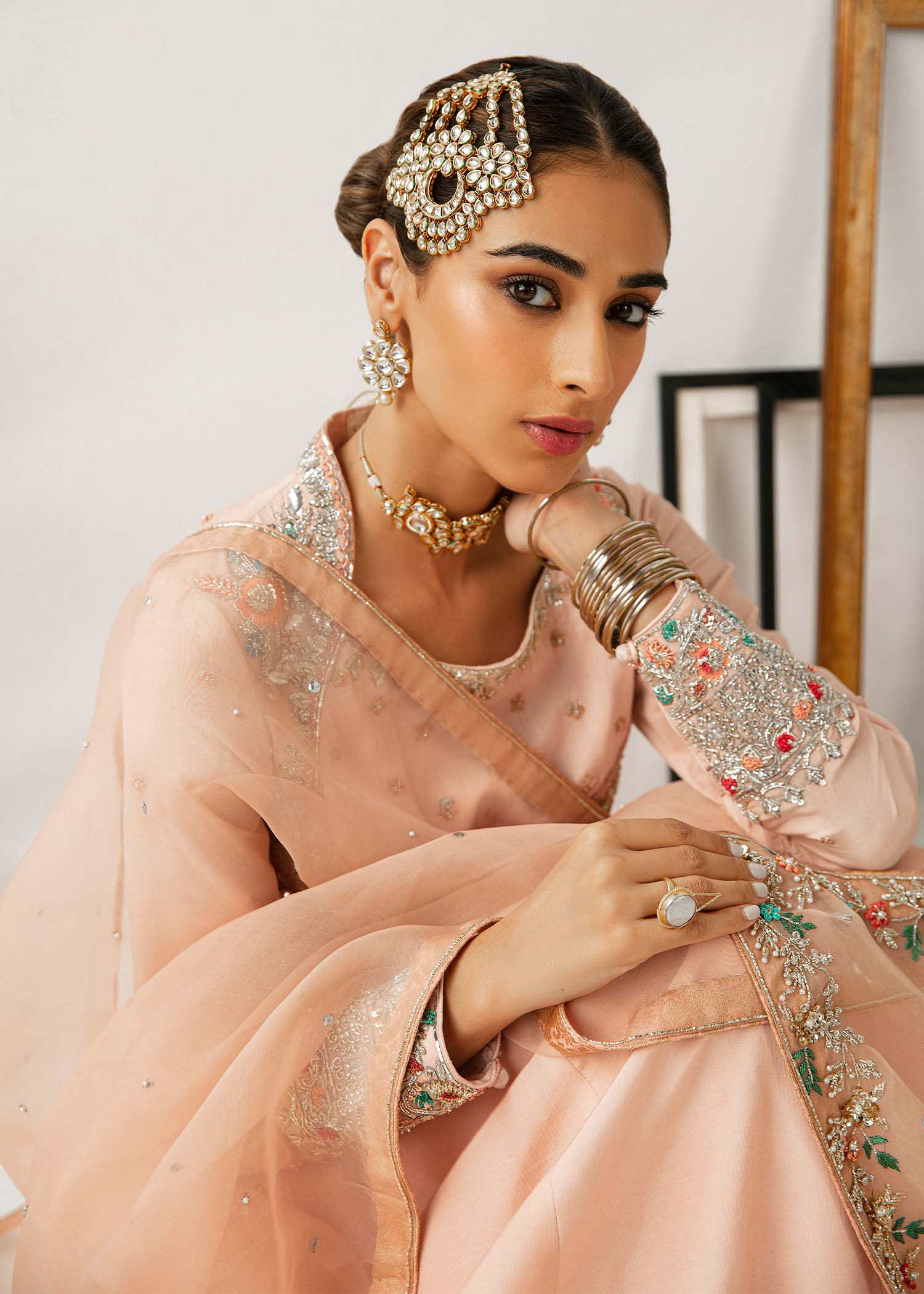 Pakistani Blush Pink Embroidered Raw Silk Pishwas (3-Piece) - Image 9