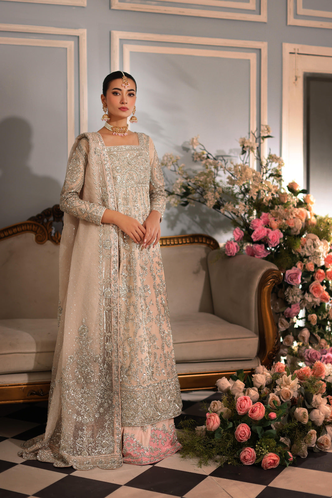 Pakistani Pastel Tea Pink Zardozi Raw Silk Pishwas (3-Piece) - Image 2