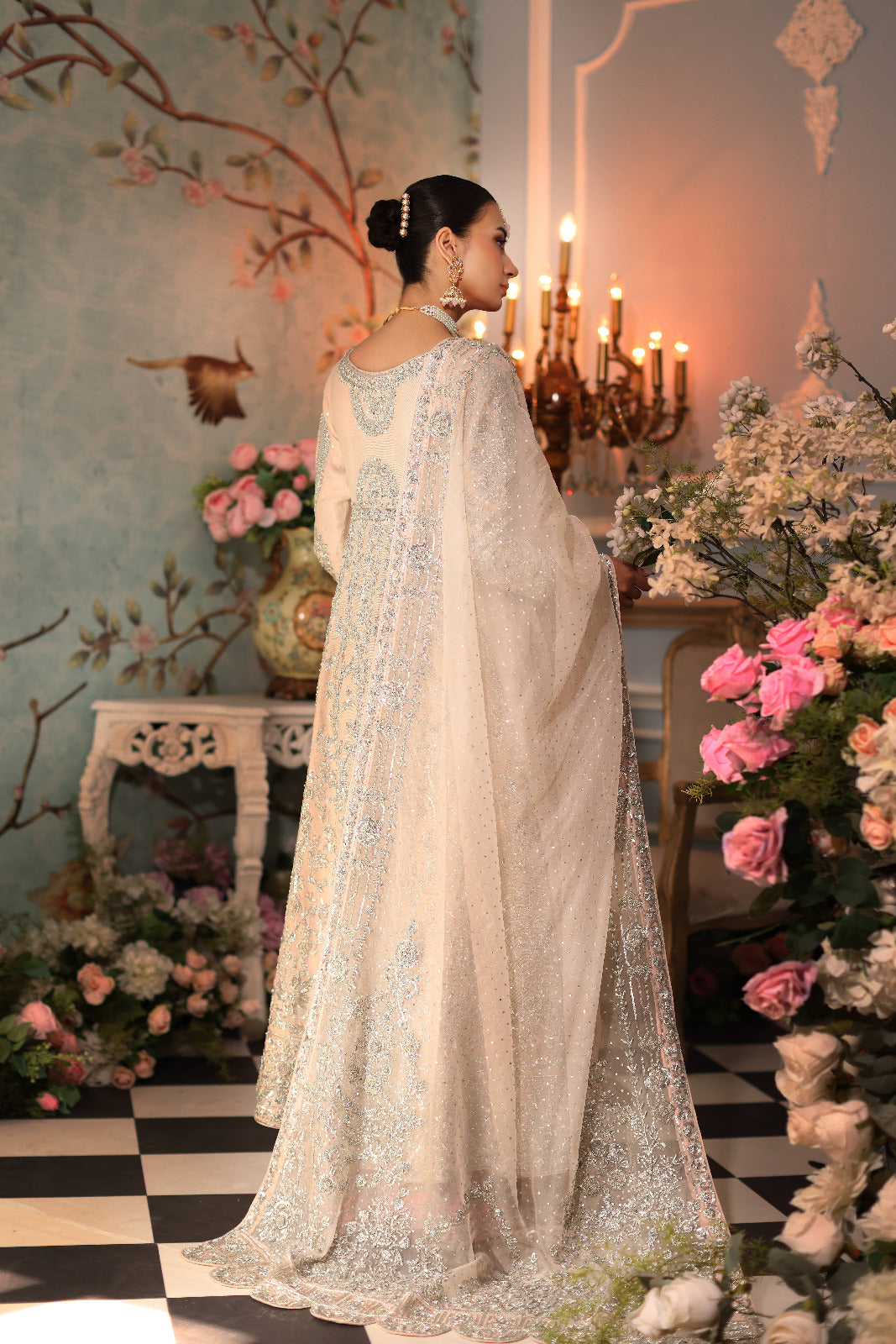 Pakistani Pastel Tea Pink Zardozi Raw Silk Pishwas (3-Piece) - Image 3