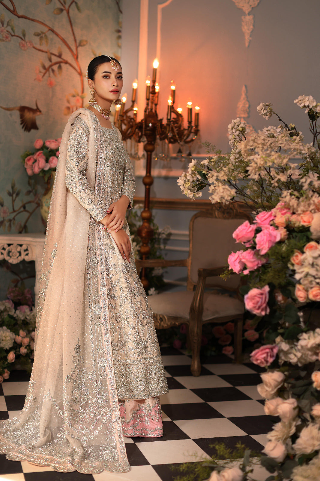 Pakistani Pastel Tea Pink Zardozi Raw Silk Pishwas (3-Piece) - Image 4