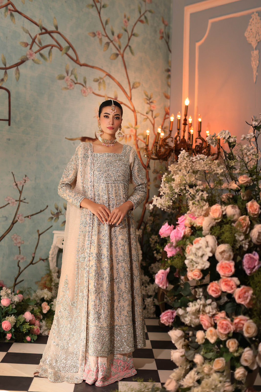 Pakistani Pastel Tea Pink Zardozi Raw Silk Pishwas (3-Piece) - Image 5