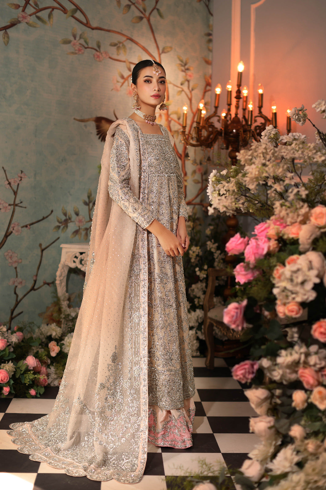 Pakistani Pastel Tea Pink Zardozi Raw Silk Pishwas (3-Piece) - Image 6