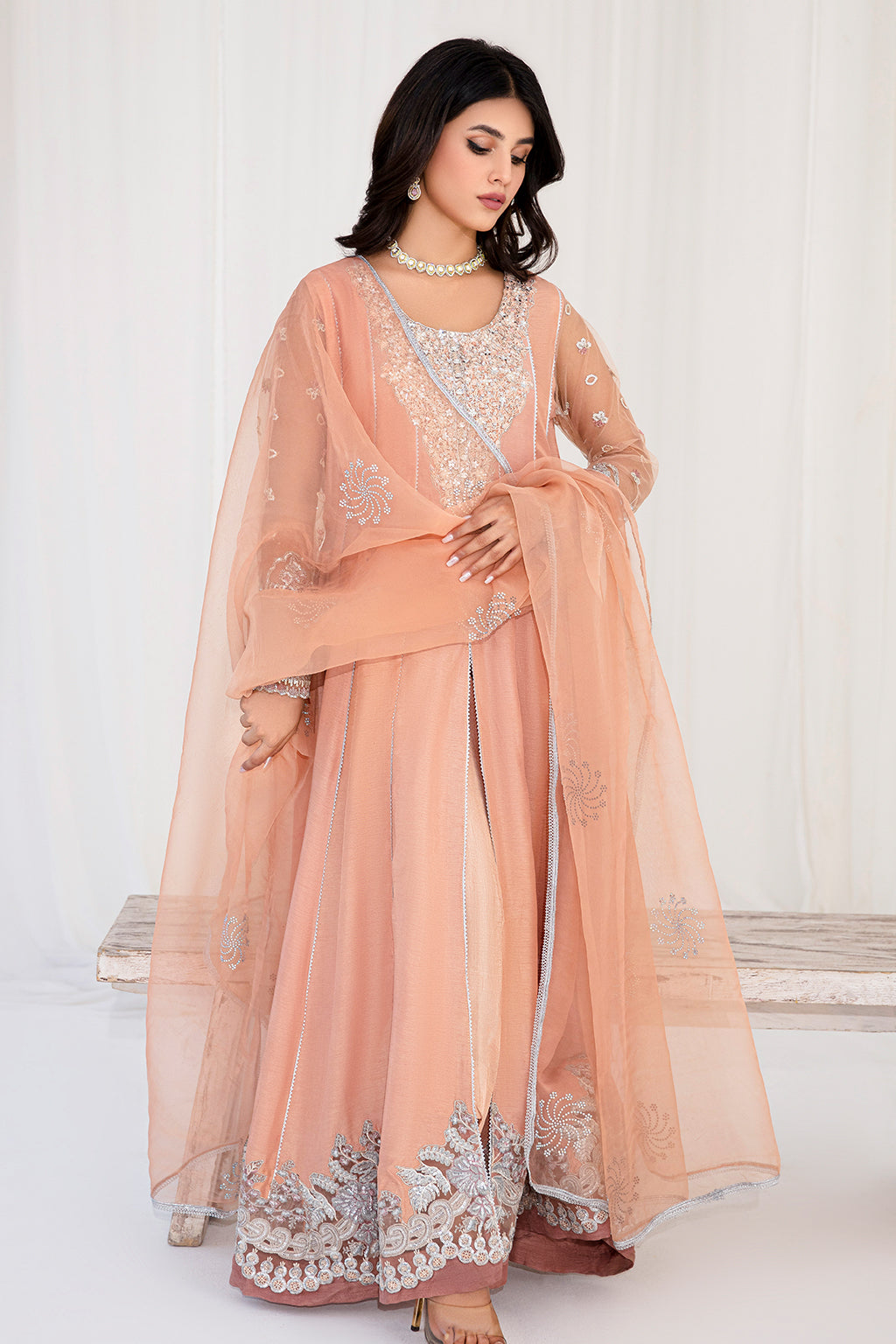 Pakistani Peach Embellished Korean Raw Silk Pishwas (3-Piece) - Image 1