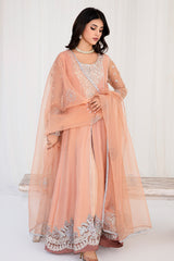 Pakistani Peach Embellished Korean Raw Silk Pishwas (3-Piece) - Image 2