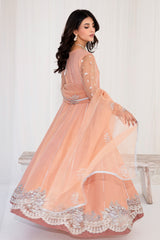Pakistani Peach Embellished Korean Raw Silk Pishwas (3-Piece) - Image 3