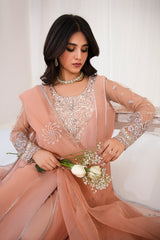 Pakistani Peach Embellished Korean Raw Silk Pishwas (3-Piece) - Image 4