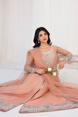 Pakistani Peach Embellished Korean Raw Silk Pishwas (3-Piece) - Image 5