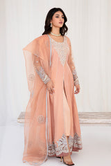 Pakistani Peach Embellished Korean Raw Silk Pishwas (3-Piece) - Image 7