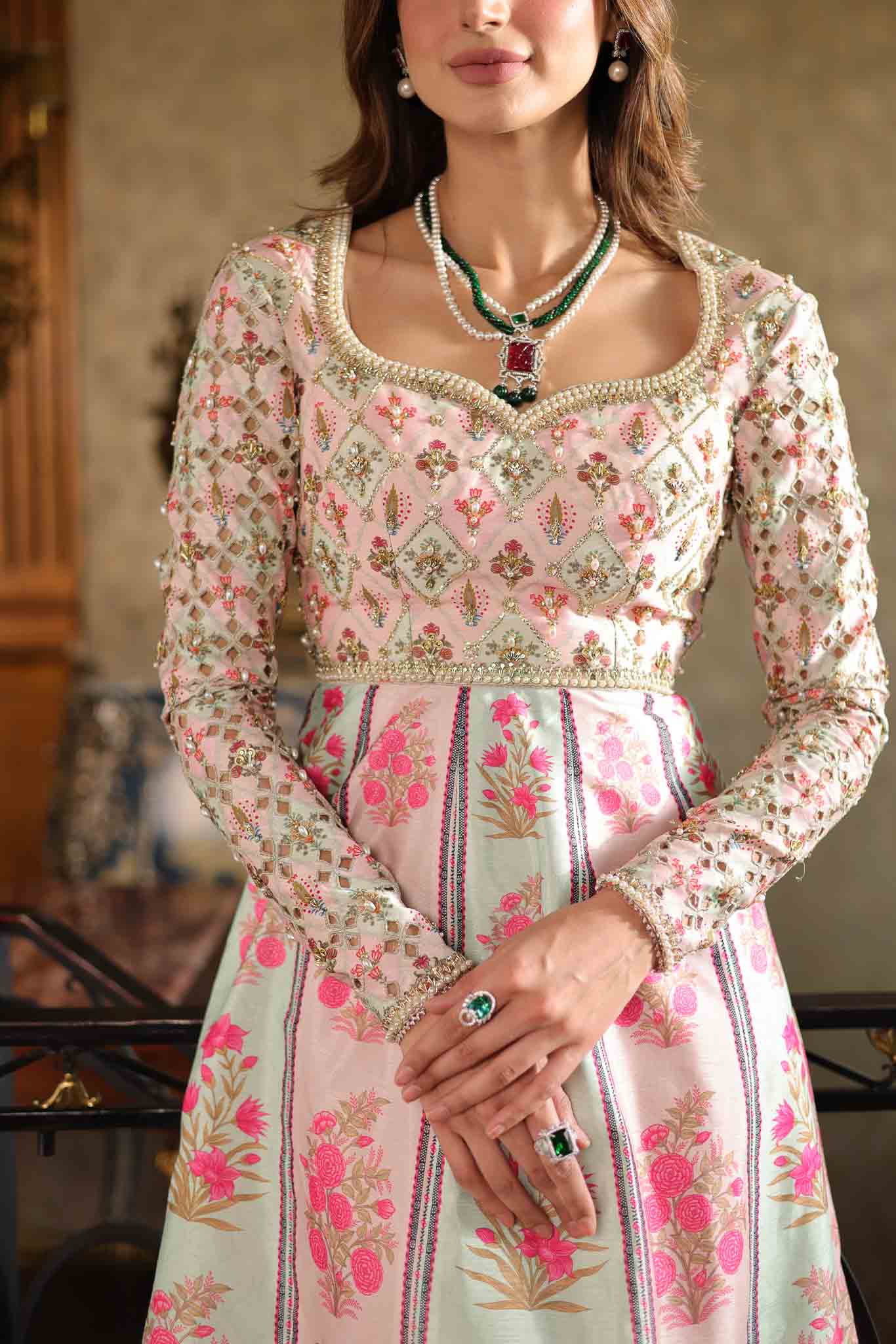 Pastel Pink Embroidered Raw Silk Pishwas (2-Piece) - Image 9