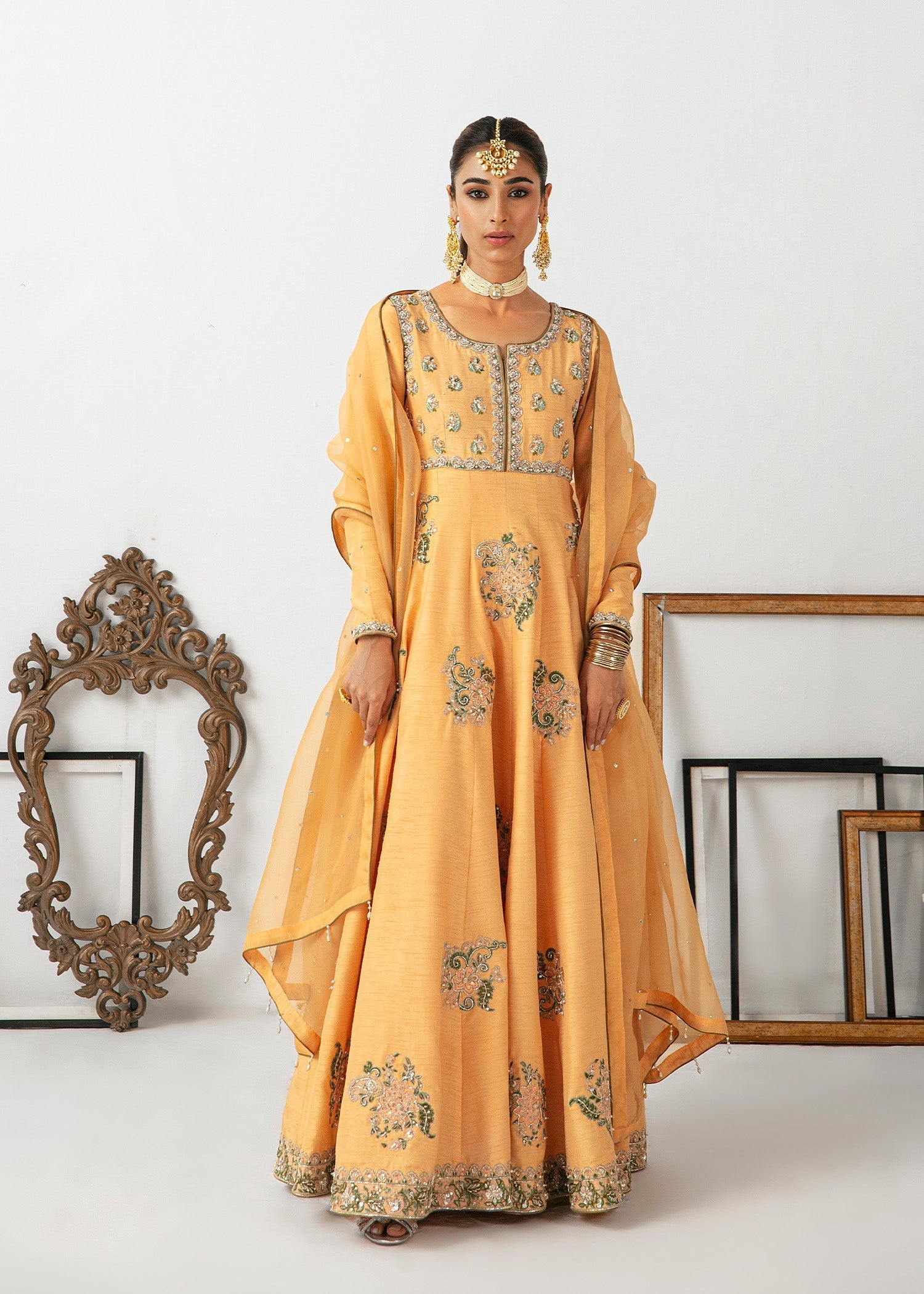 Pakistani Peach Pink Embroidered Raw Silk Pishwas (3-Piece) - Image 1