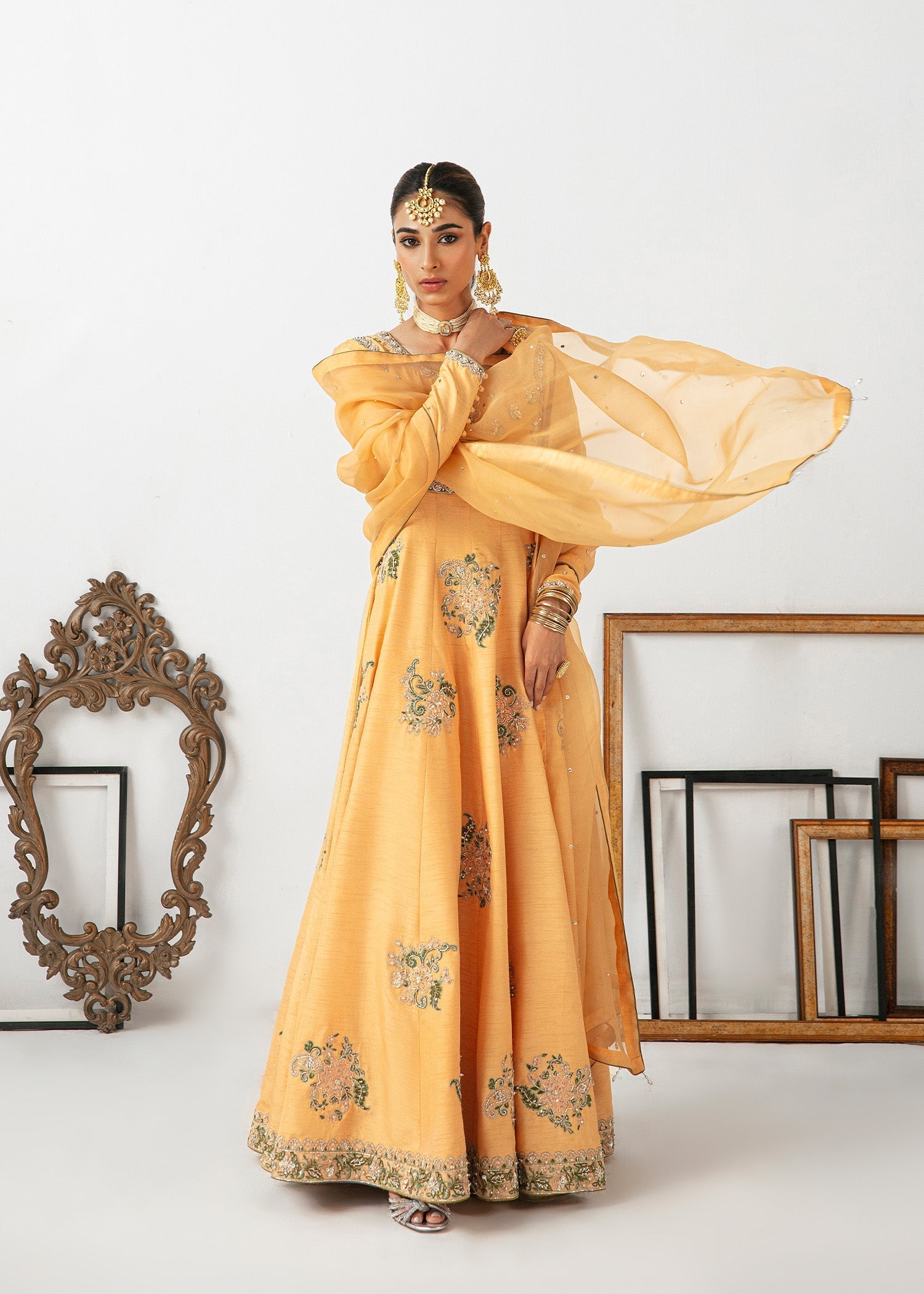 Pakistani Peach Pink Embroidered Raw Silk Pishwas (3-Piece) - Image 2