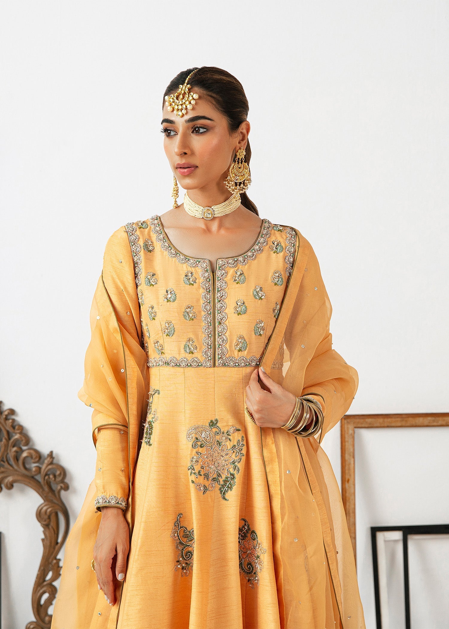 Pakistani Peach Pink Embroidered Raw Silk Pishwas (3-Piece) - Image 3