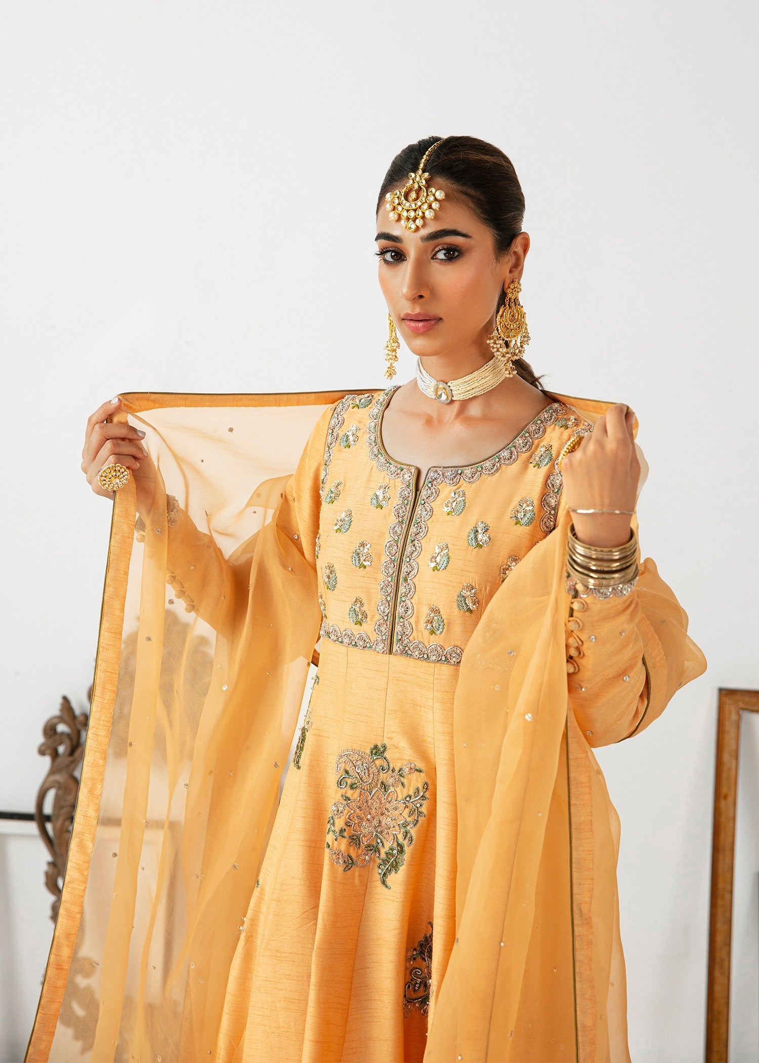 Pakistani Peach Pink Embroidered Raw Silk Pishwas (3-Piece) - Image 4