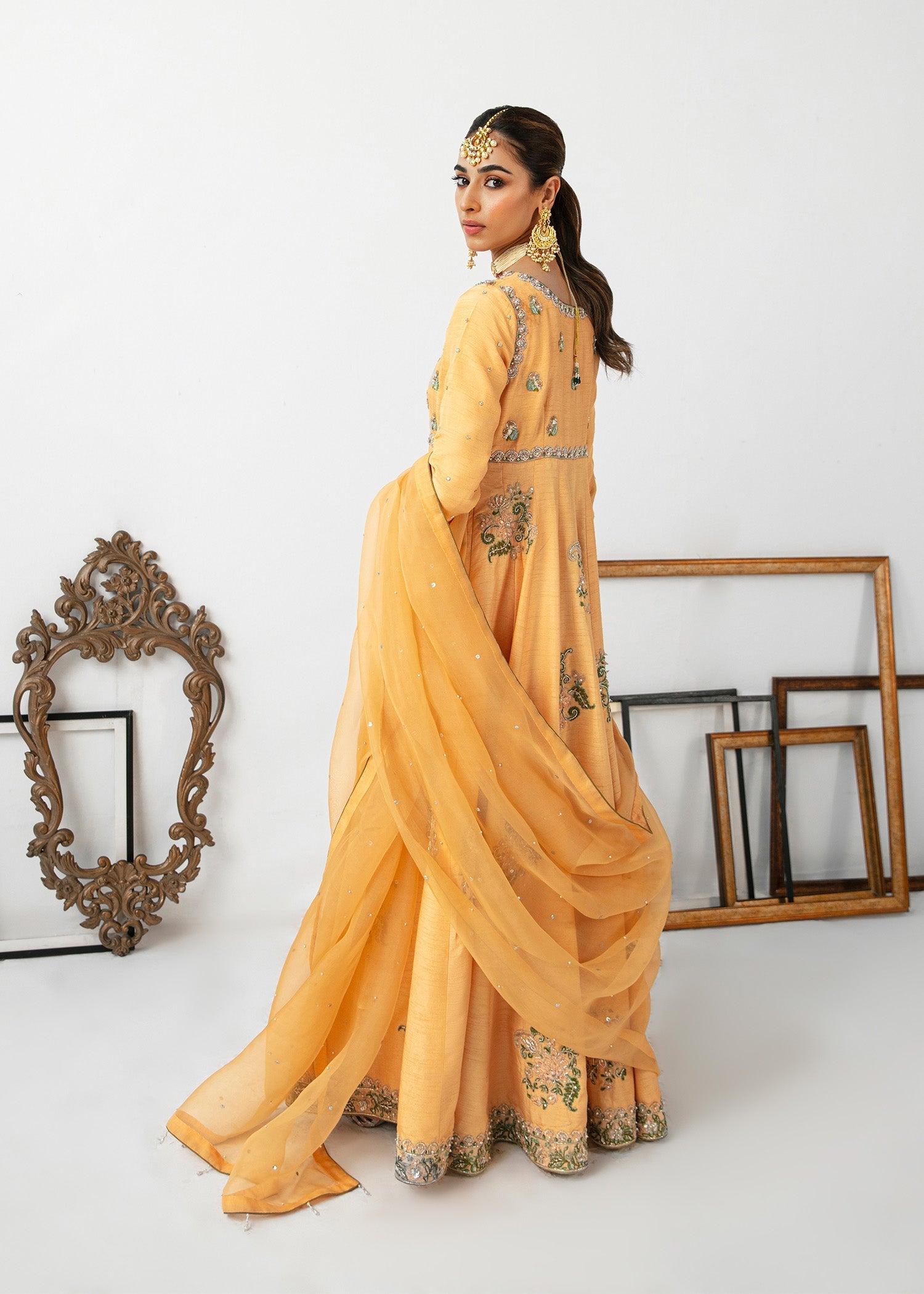 Pakistani Peach Pink Embroidered Raw Silk Pishwas (3-Piece) - Image 6