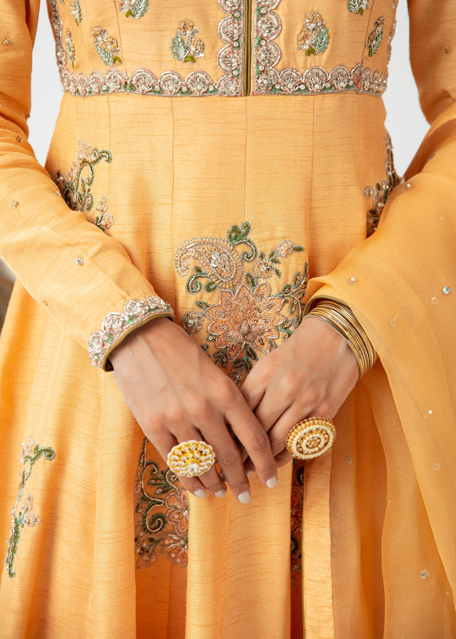 Pakistani Peach Pink Embroidered Raw Silk Pishwas (3-Piece) - Image 7