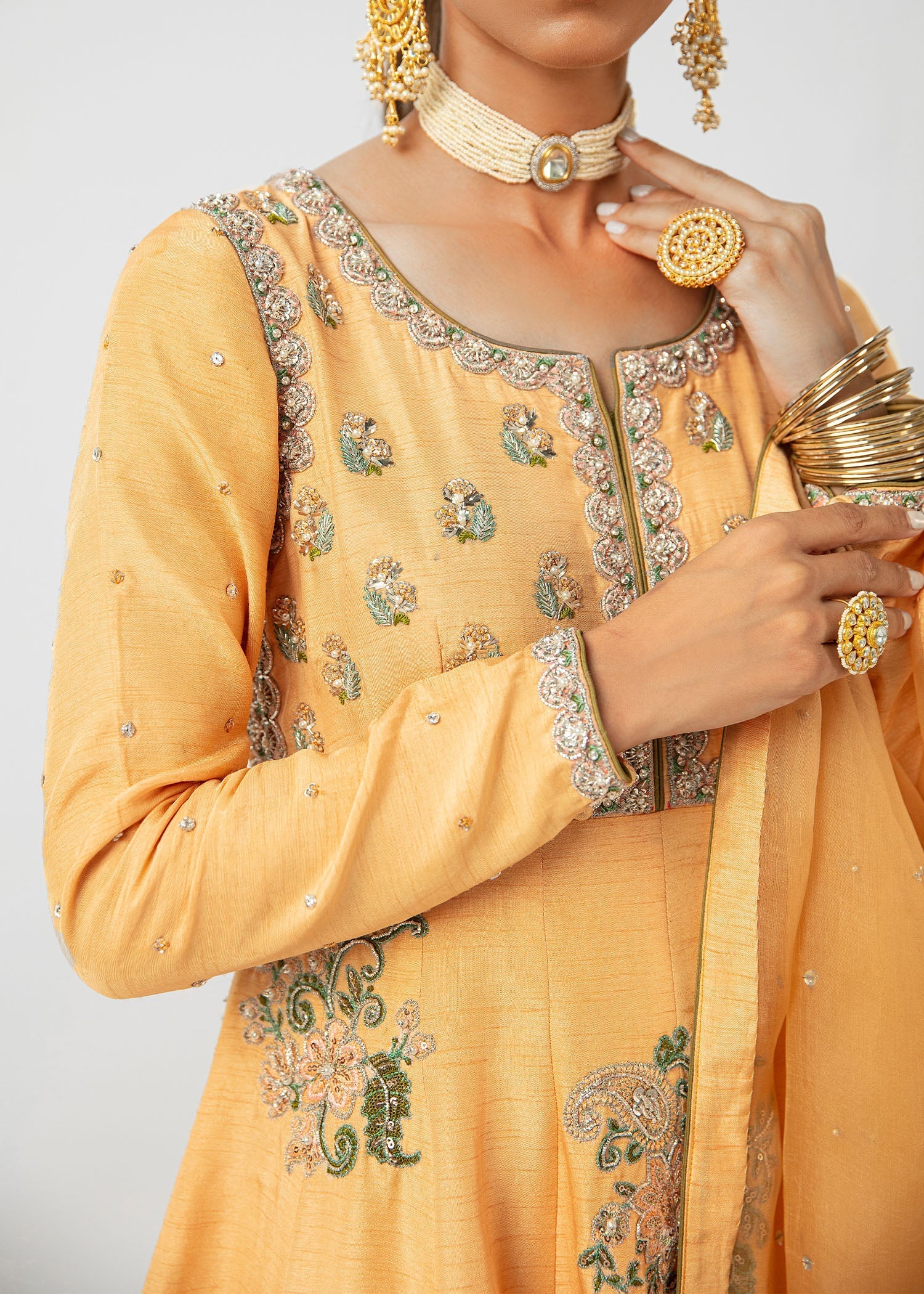 Pakistani Peach Pink Embroidered Raw Silk Pishwas (3-Piece) - Image 8