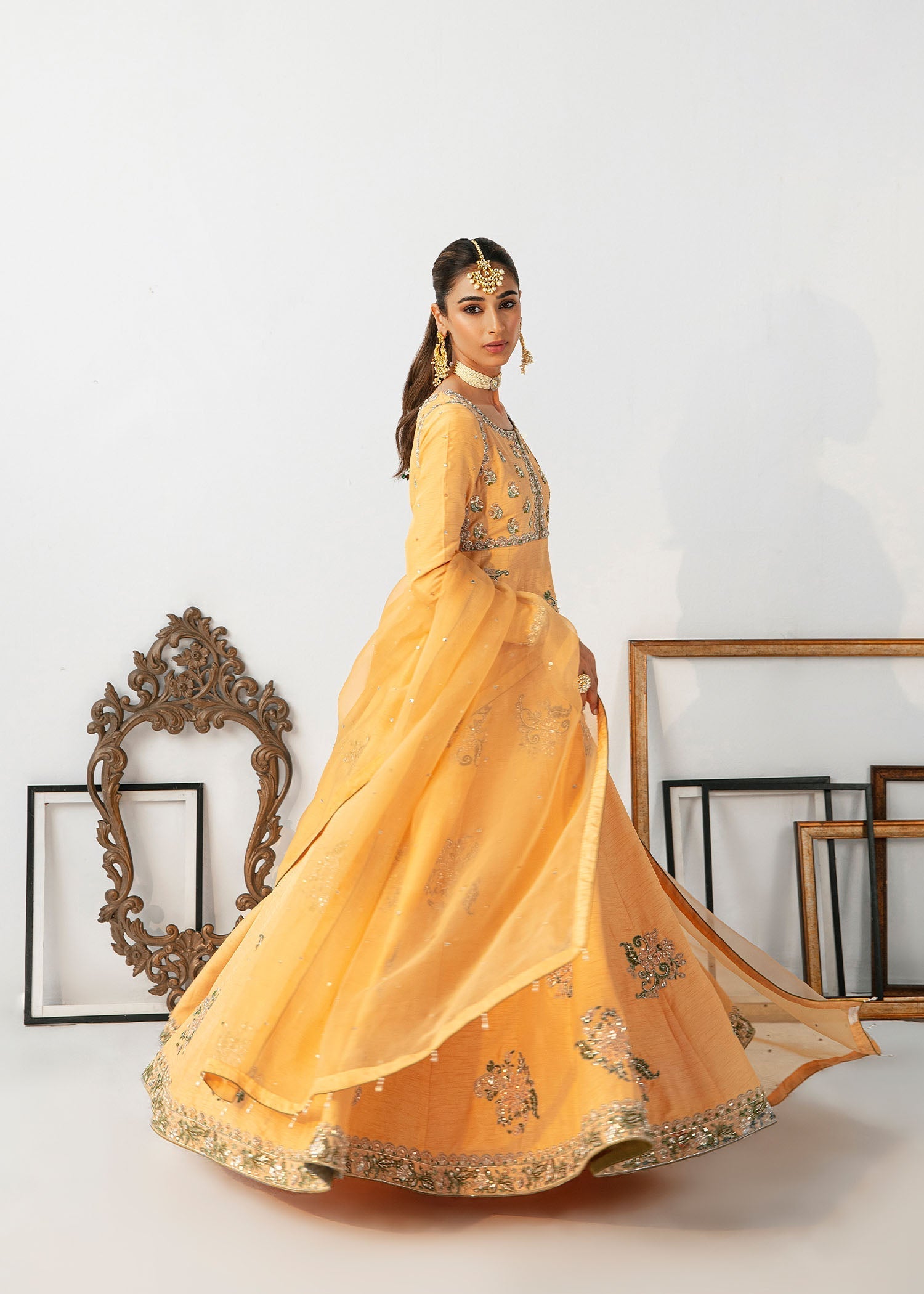 Pakistani Peach Pink Embroidered Raw Silk Pishwas (3-Piece) - Image 9