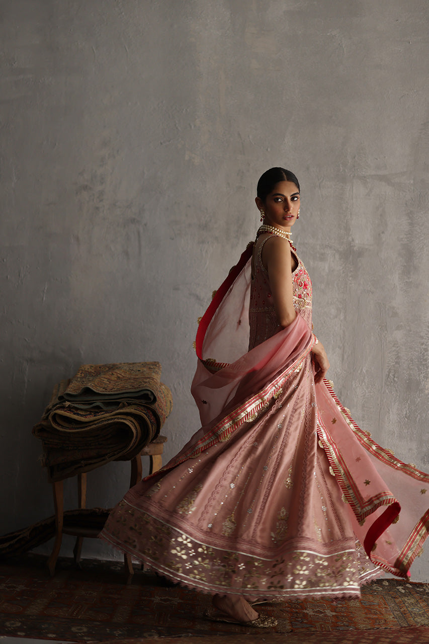 Pakistani Blush Pink Zardozi Raw Silk Pishwas (3-Piece) - Image 5