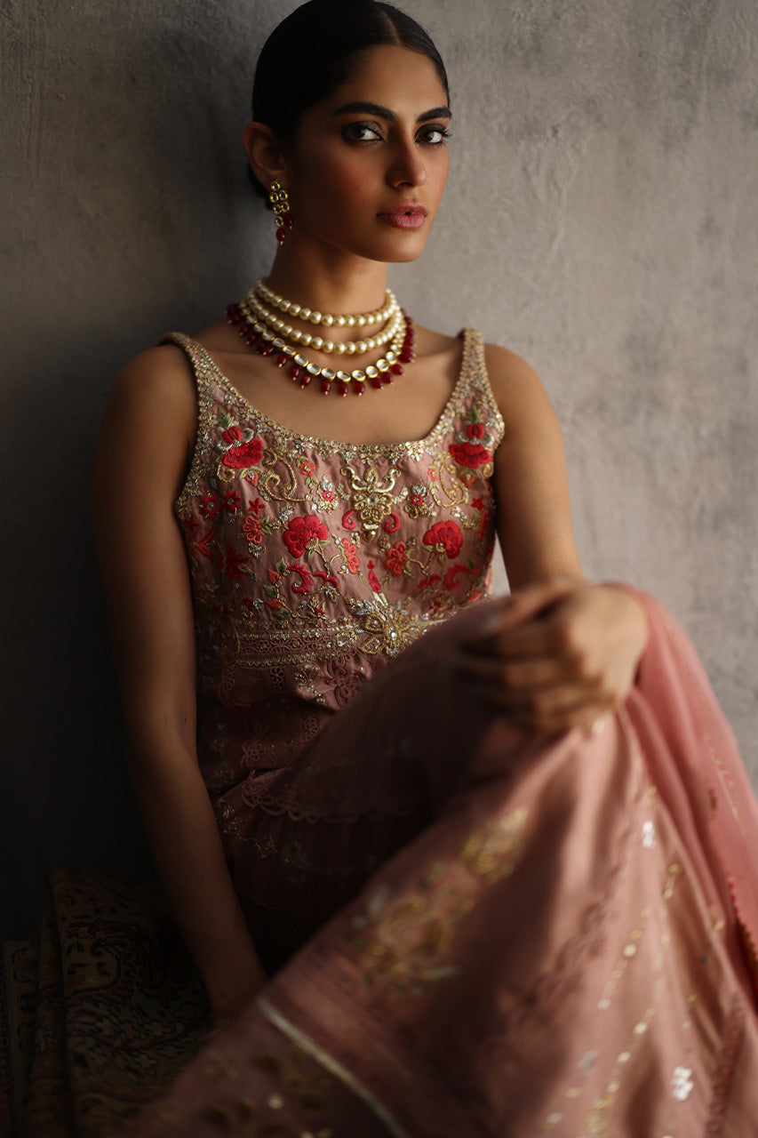 Pakistani Blush Pink Zardozi Raw Silk Pishwas (3-Piece) - Image 8