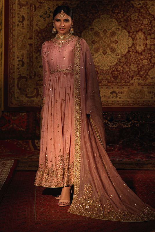 Pakistani Mauve Zardozi Resham Raw Silk Pishwas (3-Piece) - Image 2