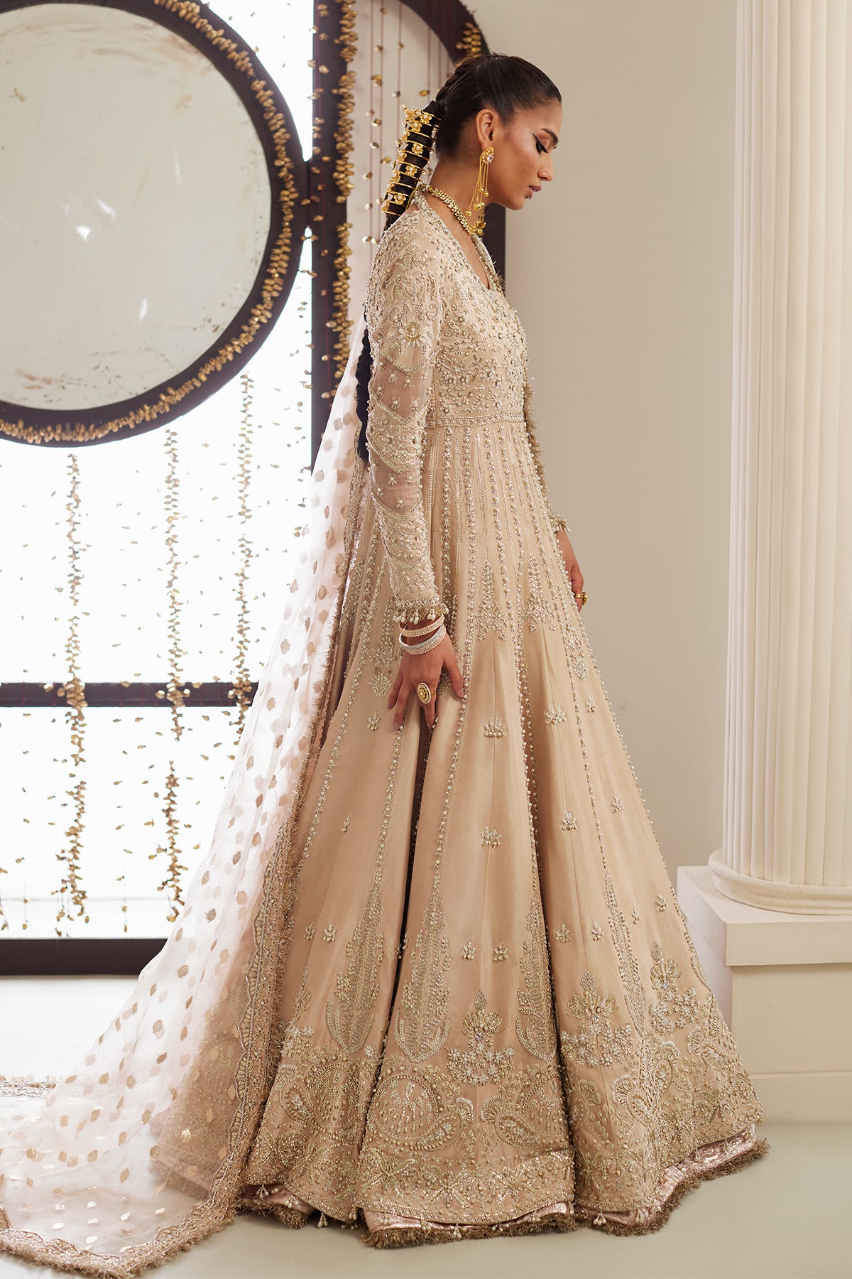 Indian Nude Pink Zardozi Pearl Raw Silk Pishwas (2-Piece) - Image 6