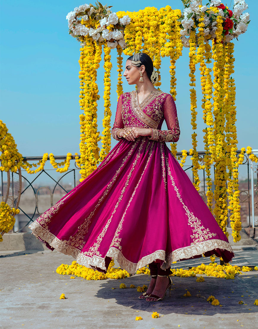 Pakistani Magenta Zardozi Raw Silk Pishwas (3-Piece) - Image 1