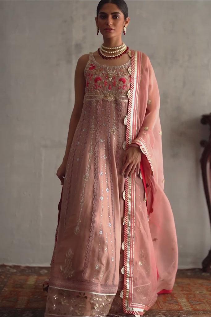 Pakistani Blush Pink Zardozi Raw Silk Pishwas (3-Piece) - Image 2