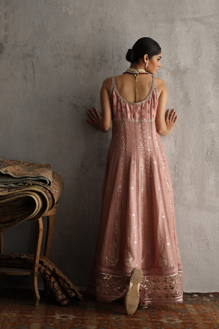 Pakistani Blush Pink Zardozi Raw Silk Pishwas (3-Piece) - Image 3