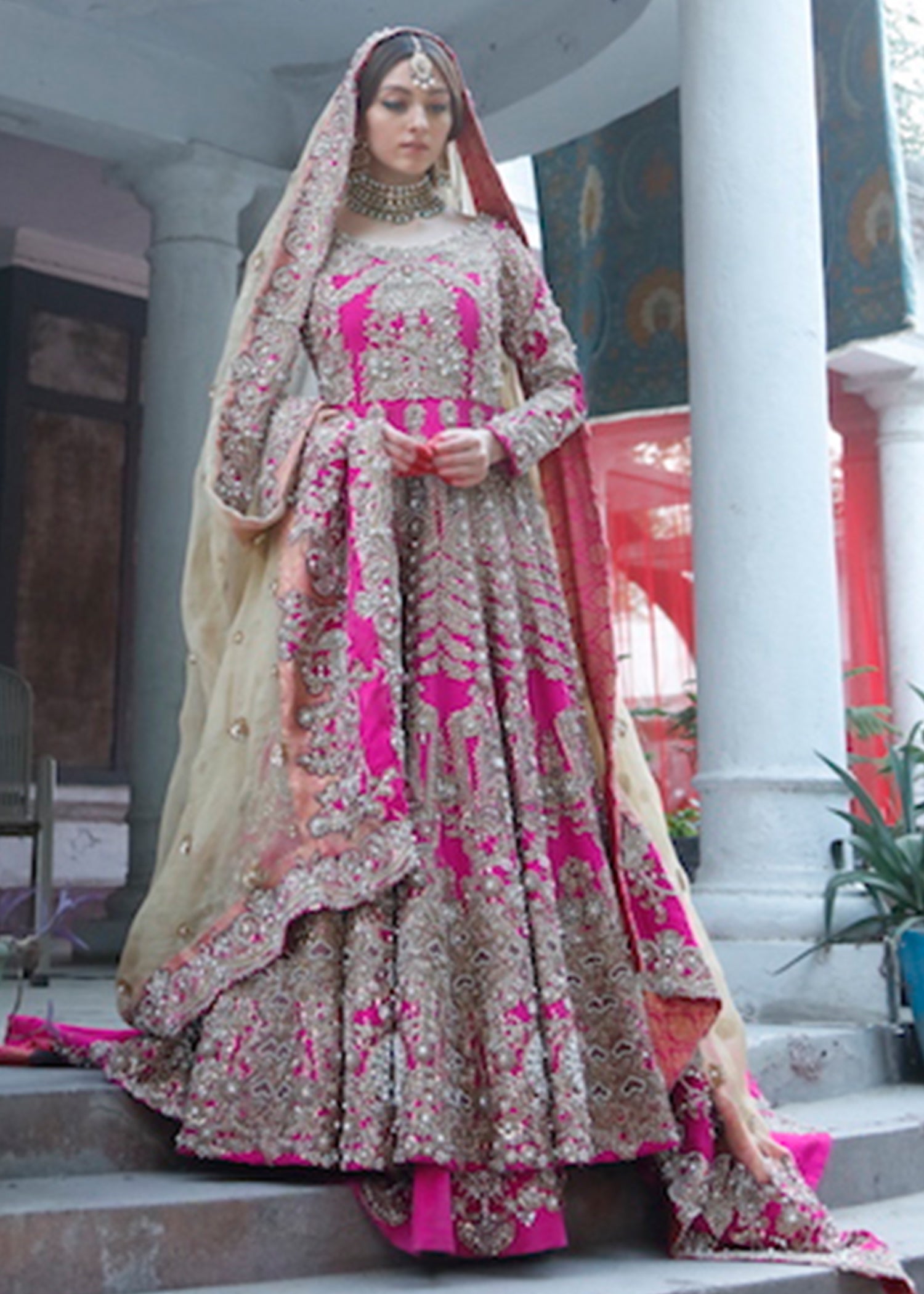 Pakistani Fuchsia Zardozi Raw Silk Pishwas Dress (2-Piece) - Image 1