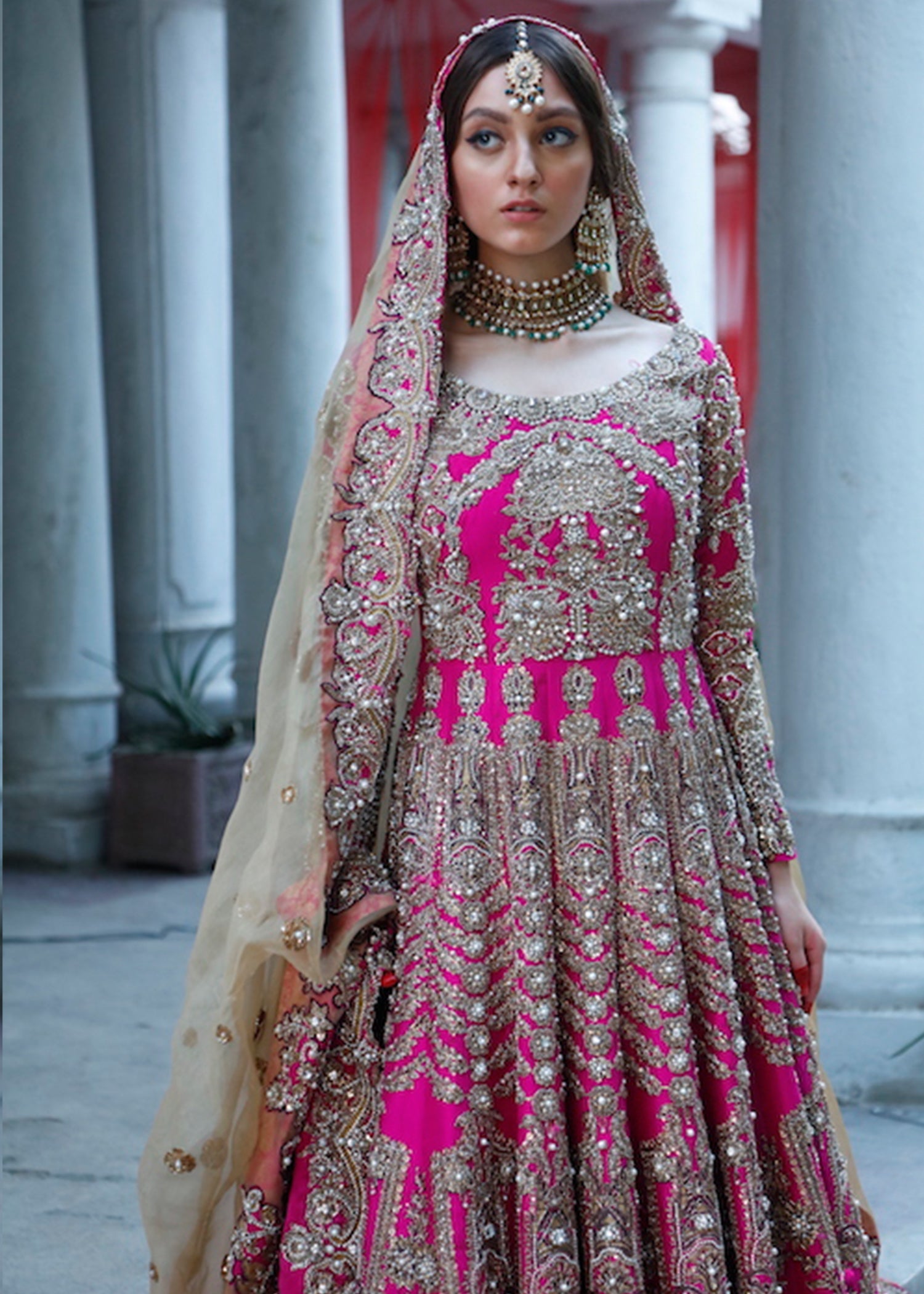 Pakistani Fuchsia Zardozi Raw Silk Pishwas Dress (2-Piece) - Image 3