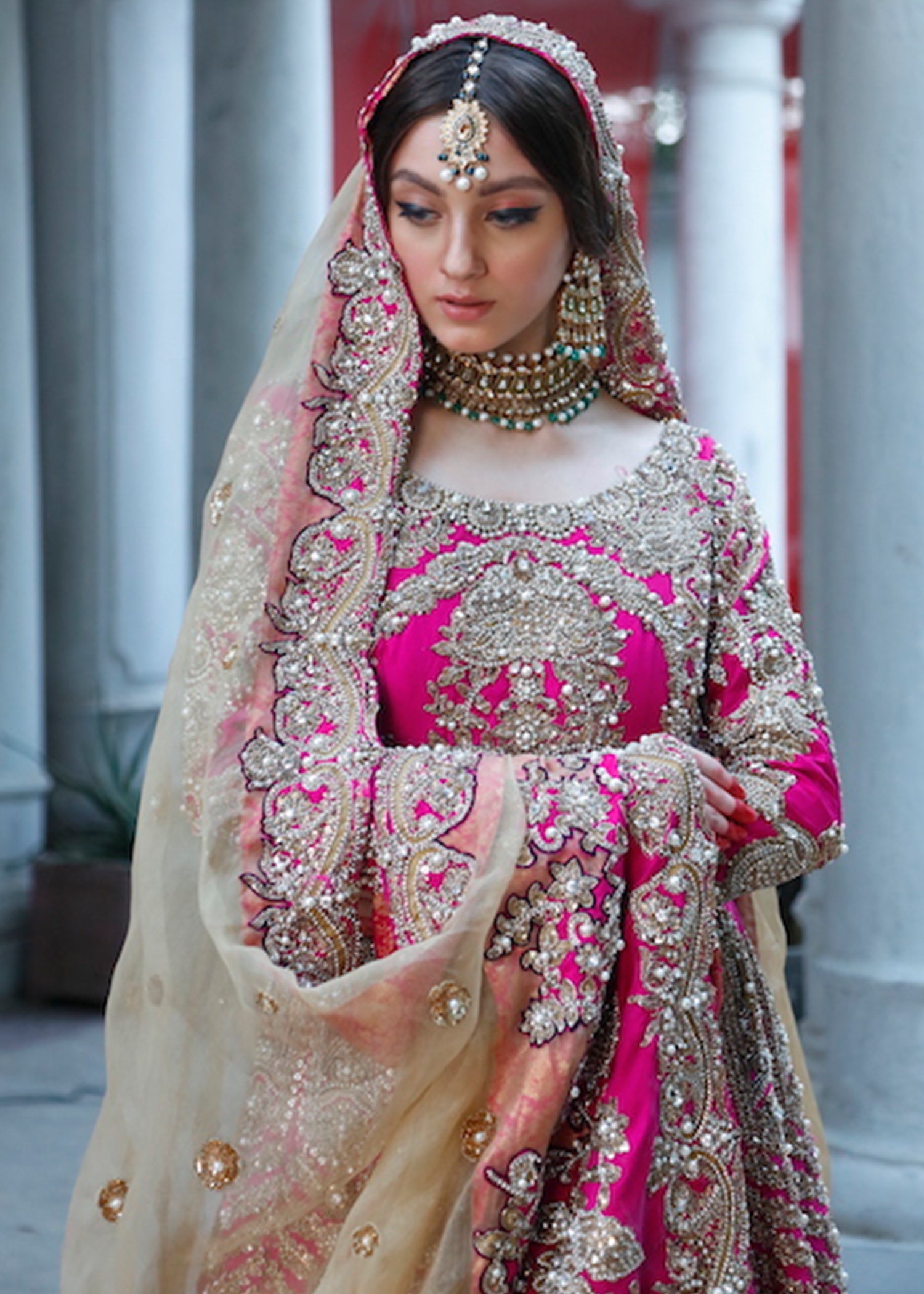 Pakistani Fuchsia Zardozi Raw Silk Pishwas Dress (2-Piece) - Image 4