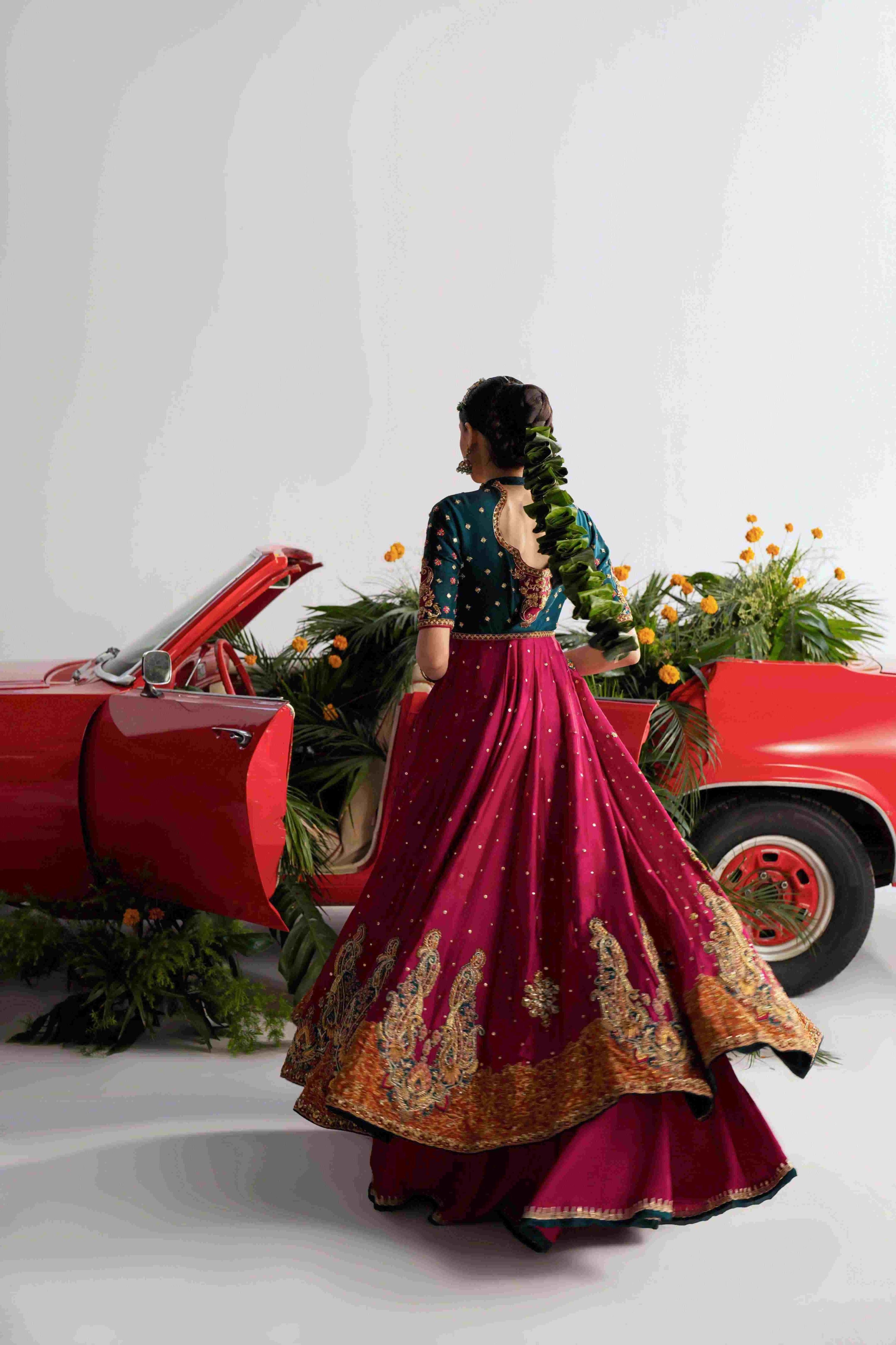 Magenta and Teal Embroidered Silk-Blend Pishwas (2-Piece) - Image 5