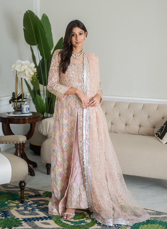 Pakistani Pastel Embroidered Silk & Net Pishwas (3-Piece) - Image 1