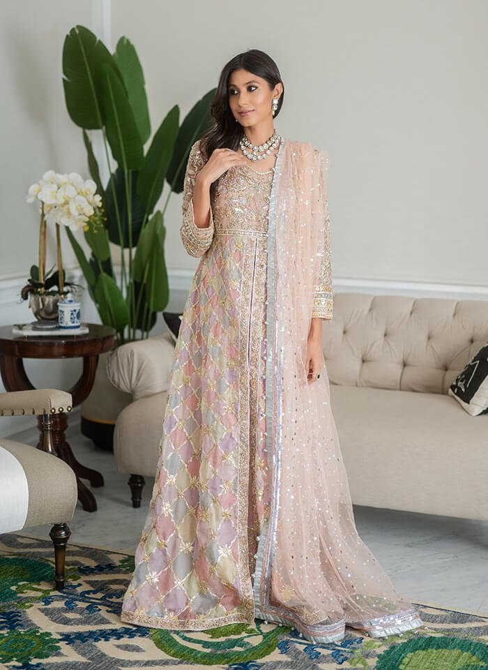 Pakistani Pastel Embroidered Silk & Net Pishwas (3-Piece) - Image 2