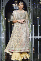 Pakistani Blush and Gold Hand Block Printed Silk Pishwas (3-Piece) - Image 1