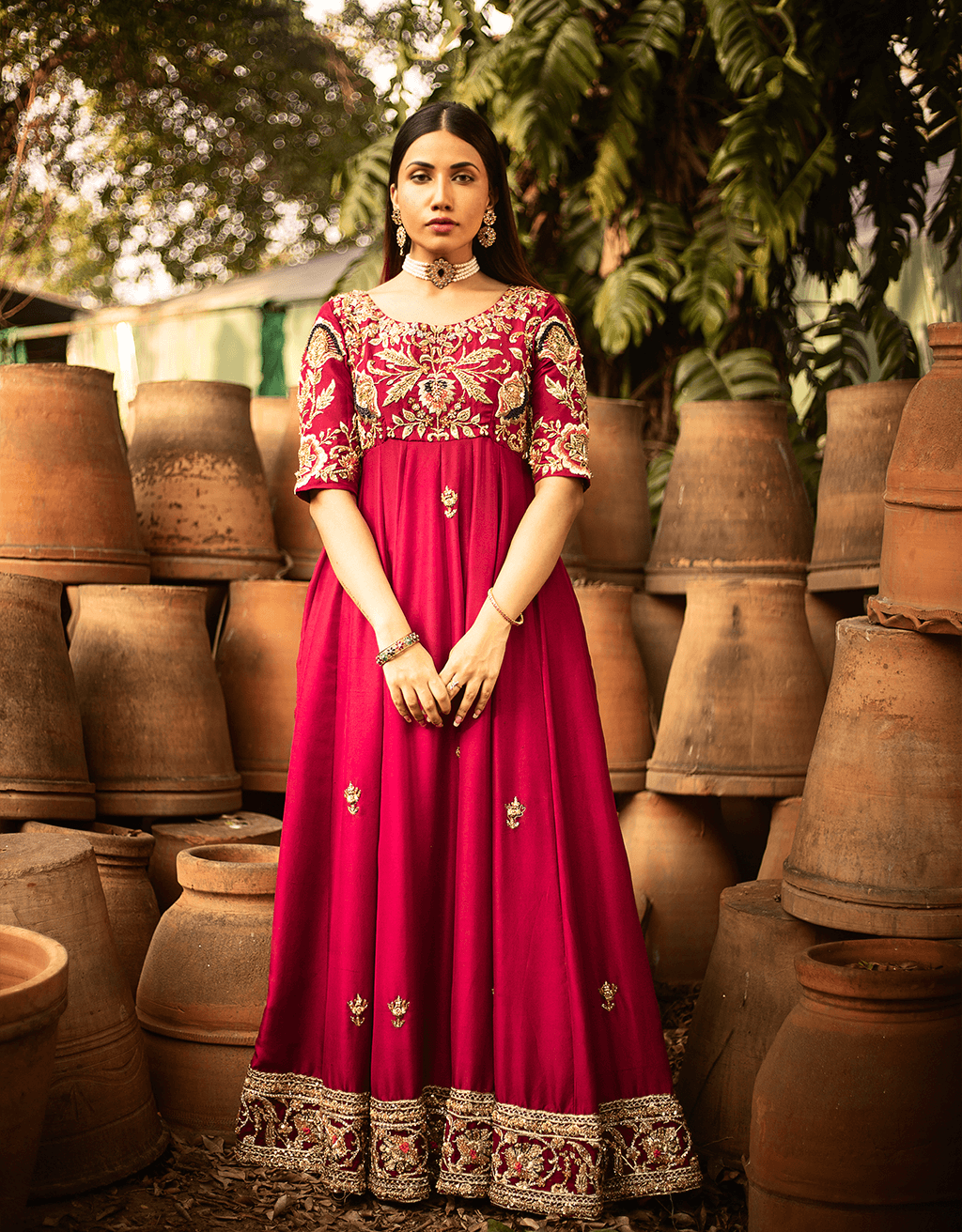 Pakistani Deep Pink Metallic Embroidered Silk Pishwas (3-Piece) - Image 1