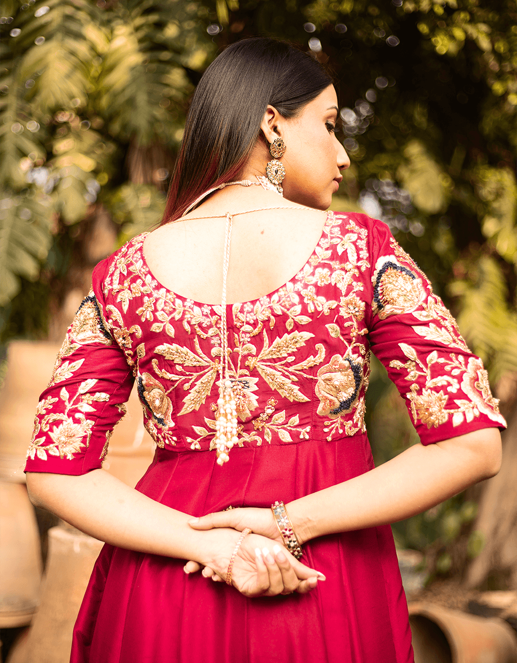 Pakistani Deep Pink Metallic Embroidered Silk Pishwas (3-Piece) - Image 2