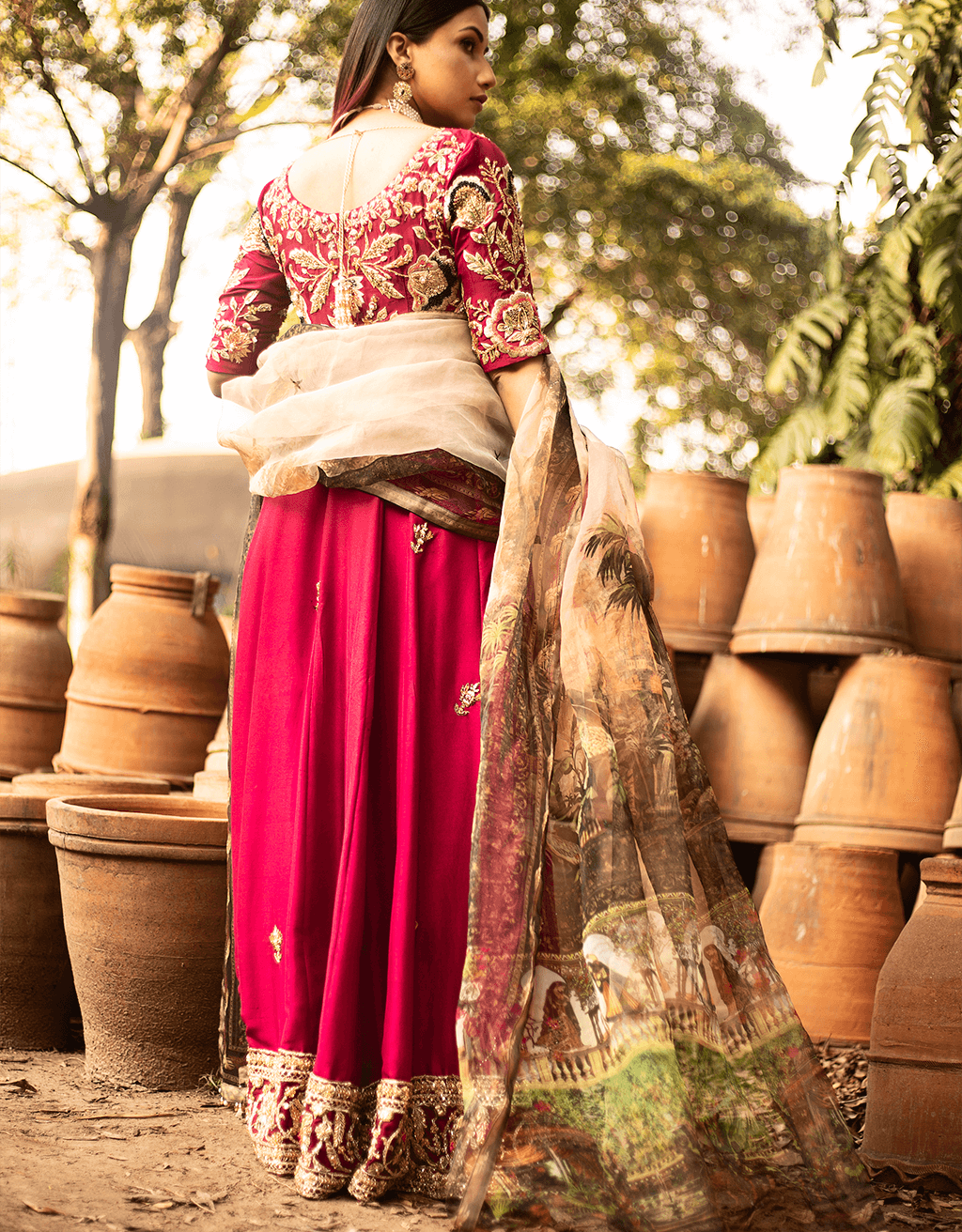 Pakistani Deep Pink Metallic Embroidered Silk Pishwas (3-Piece) - Image 3