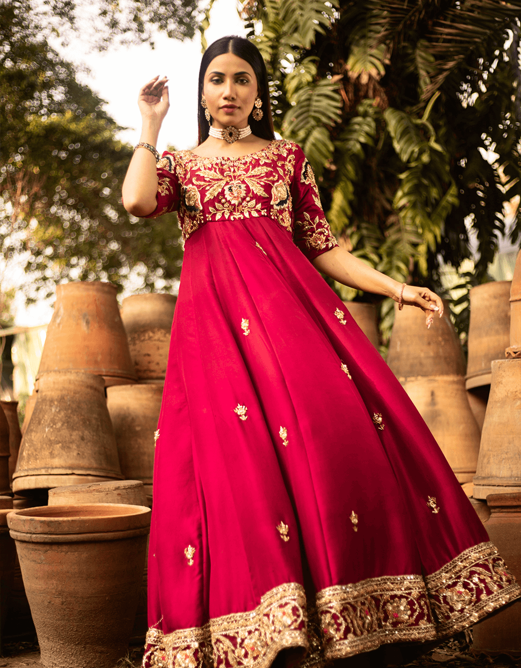 Pakistani Deep Pink Metallic Embroidered Silk Pishwas (3-Piece) - Image 4