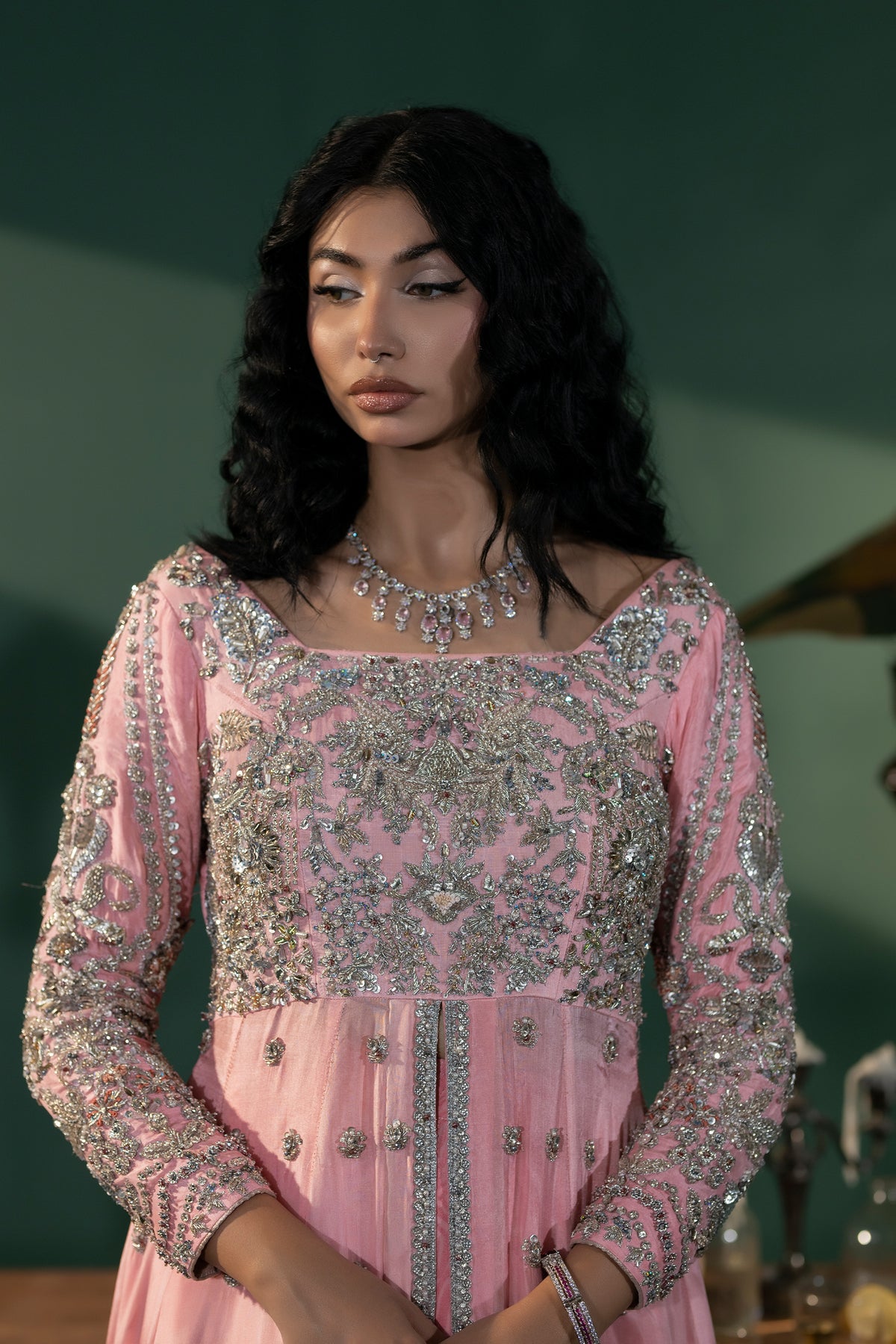 Pakistani Blush Pink Embellished Medium Silk Pishwas (3-Piece) - Image 2