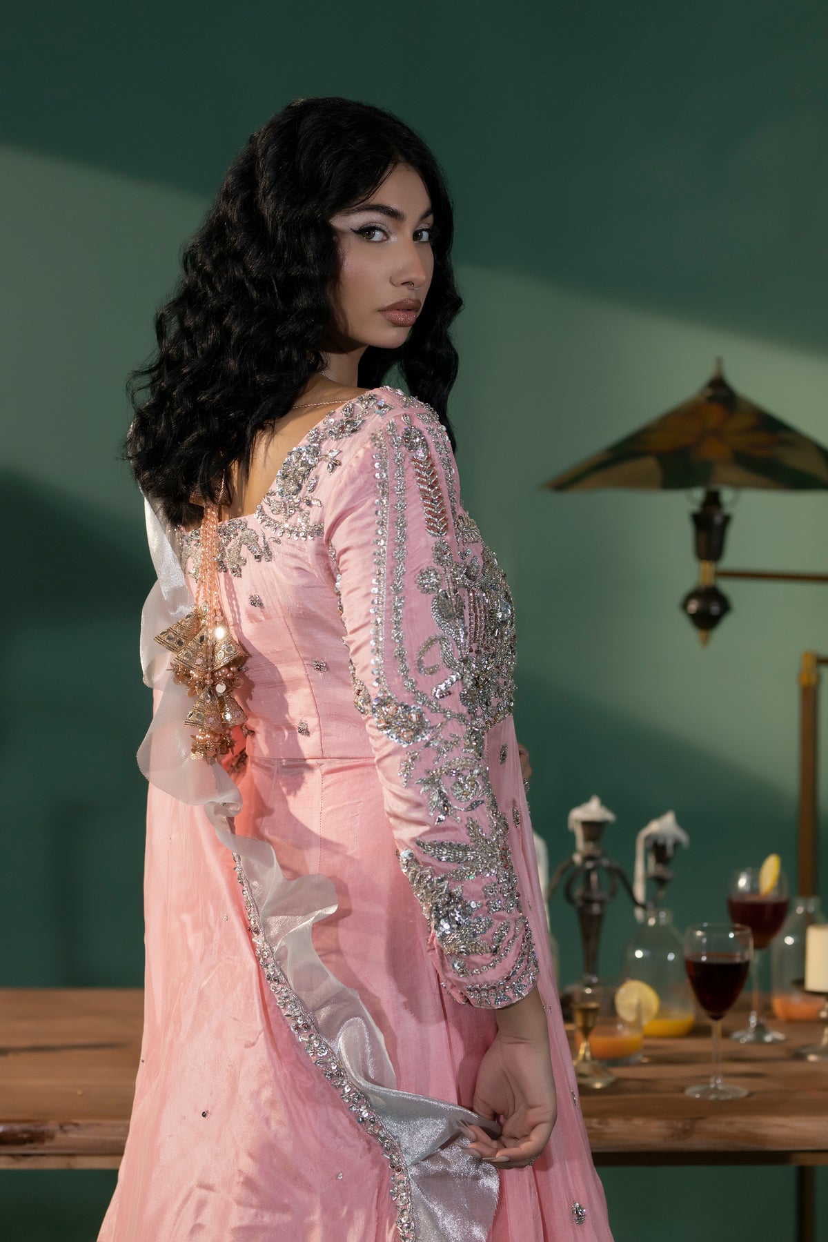 Pakistani Blush Pink Embellished Medium Silk Pishwas (3-Piece) - Image 4