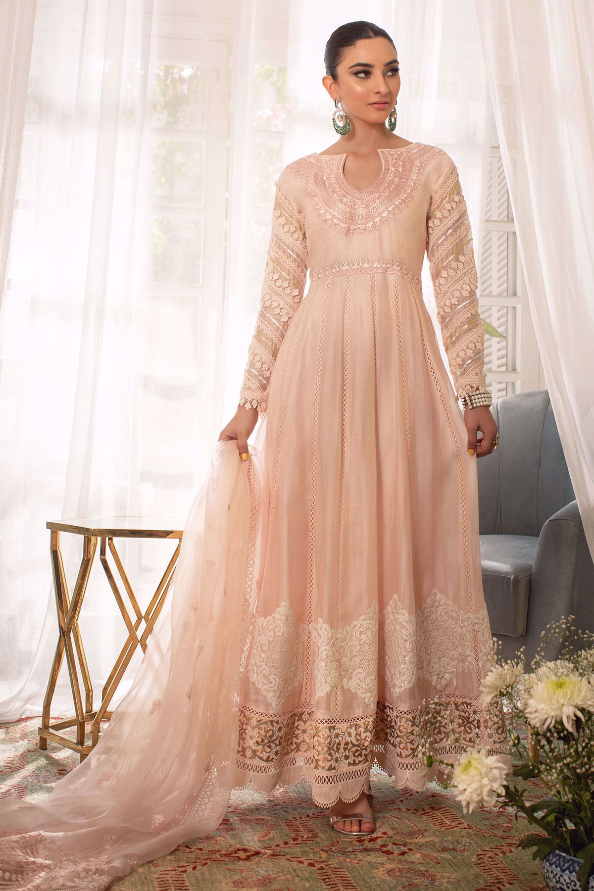 Powder Pink Embroidered Silk Net Pishwas (3-Piece) - Image 1