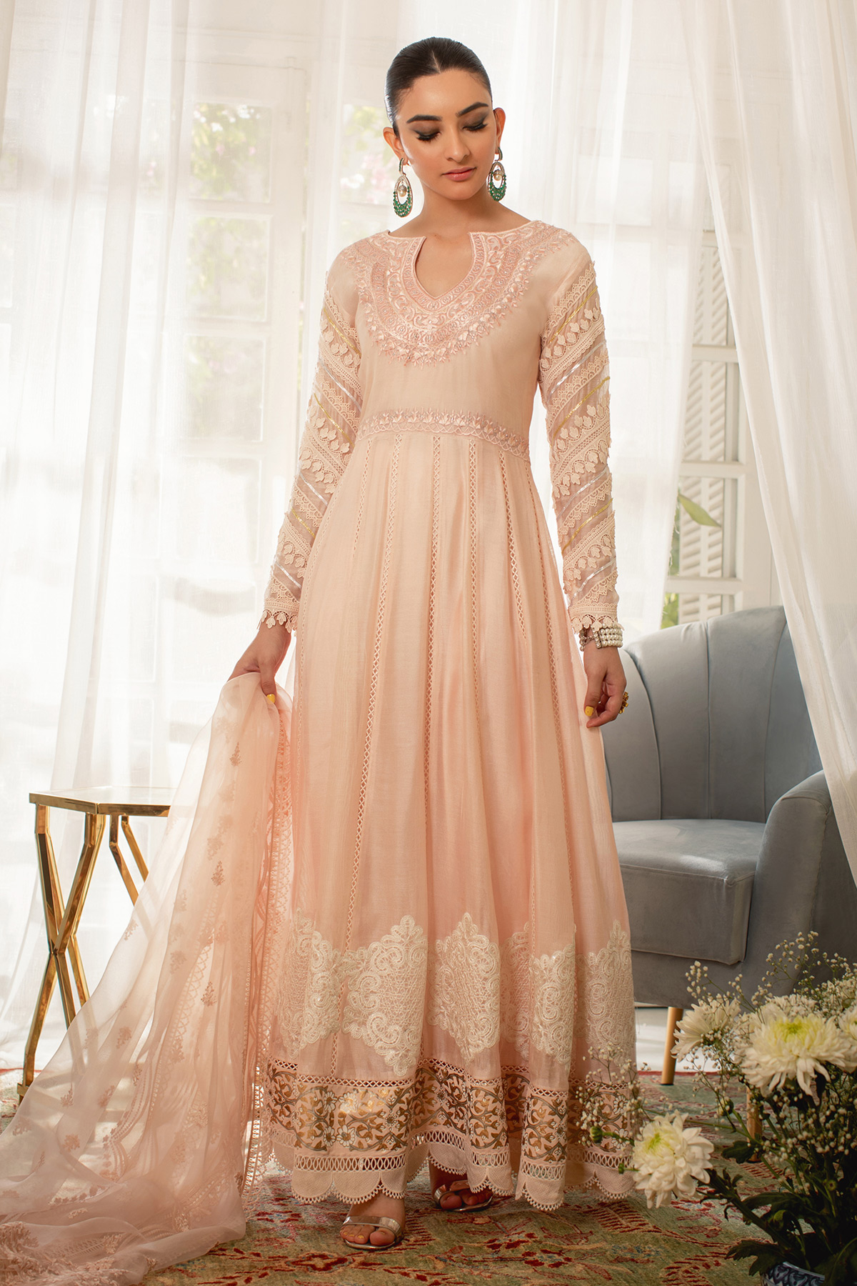 Powder Pink Embroidered Silk Net Pishwas (3-Piece) - Image 7