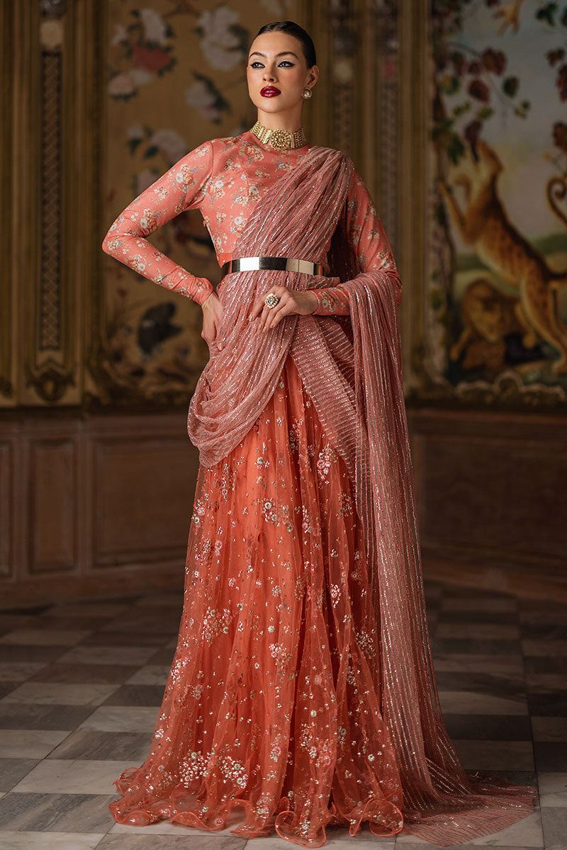 Coral Sequinned Silk Net Pishwas Dress (2-Piece) - Image 1